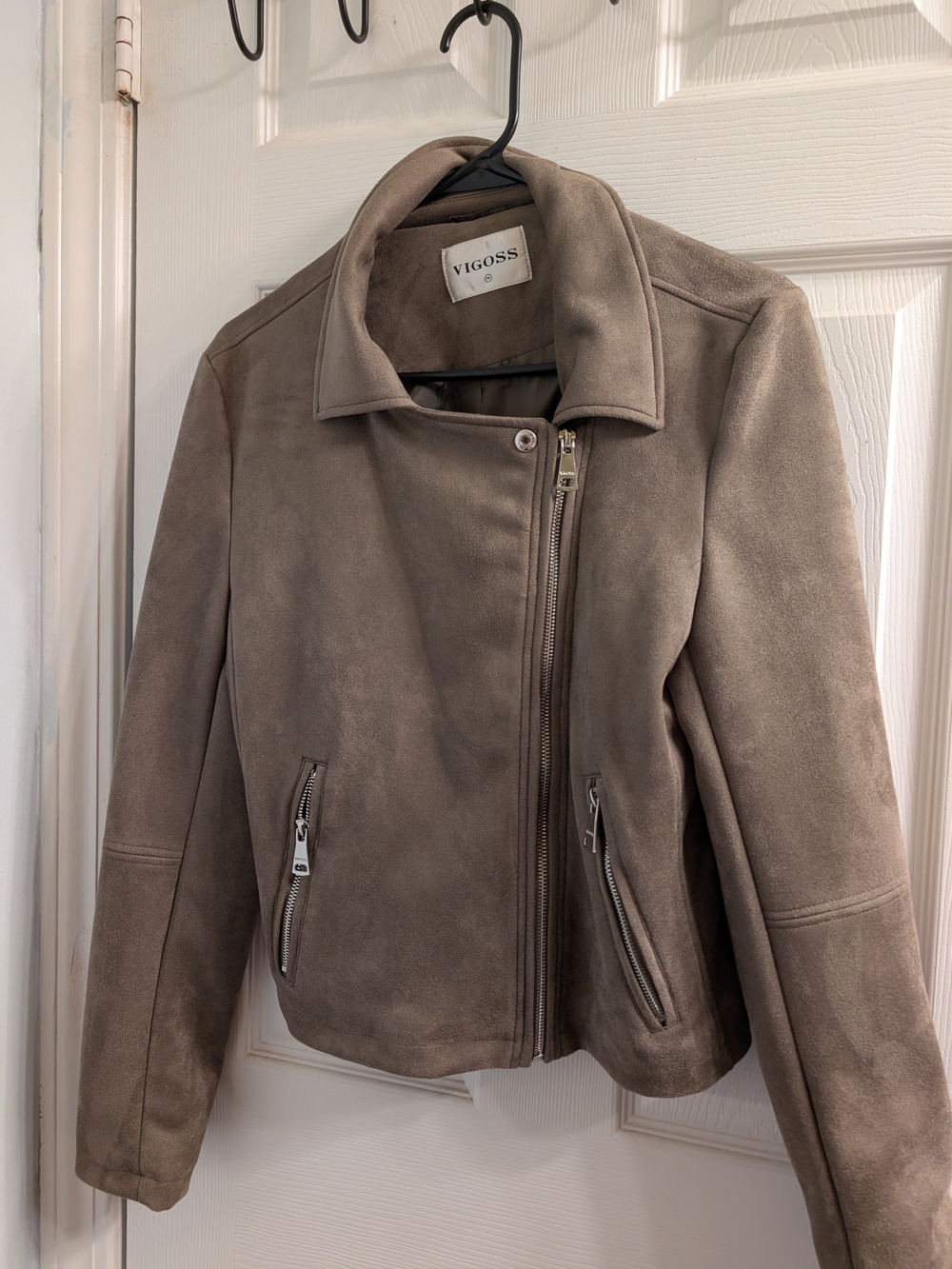Vigoss Taupe Faux Suede-Look Asymmetrical Zip Moto Jacket